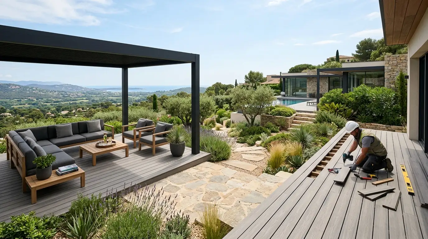 Moderner Terrassenbau mit Naturstein und Holz im Landkreis Rosenheim